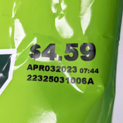 Pricing printed onto a bag of potato chips with date code.